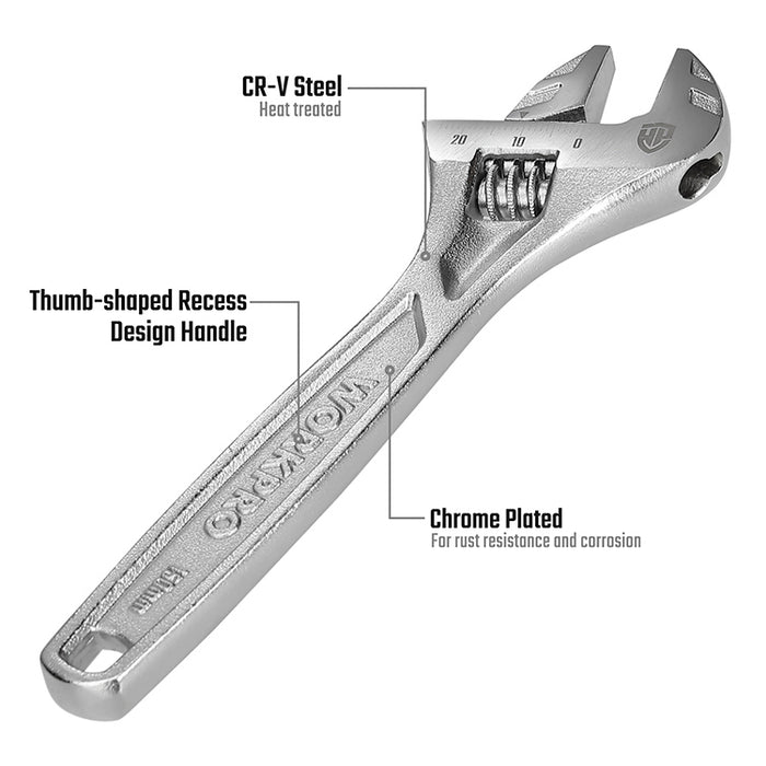 Workpro Chrome Vanadium Heavy-Duty Adjustable Wrench - Robust & Ergonomic Design, Precision Jaw Adjustment