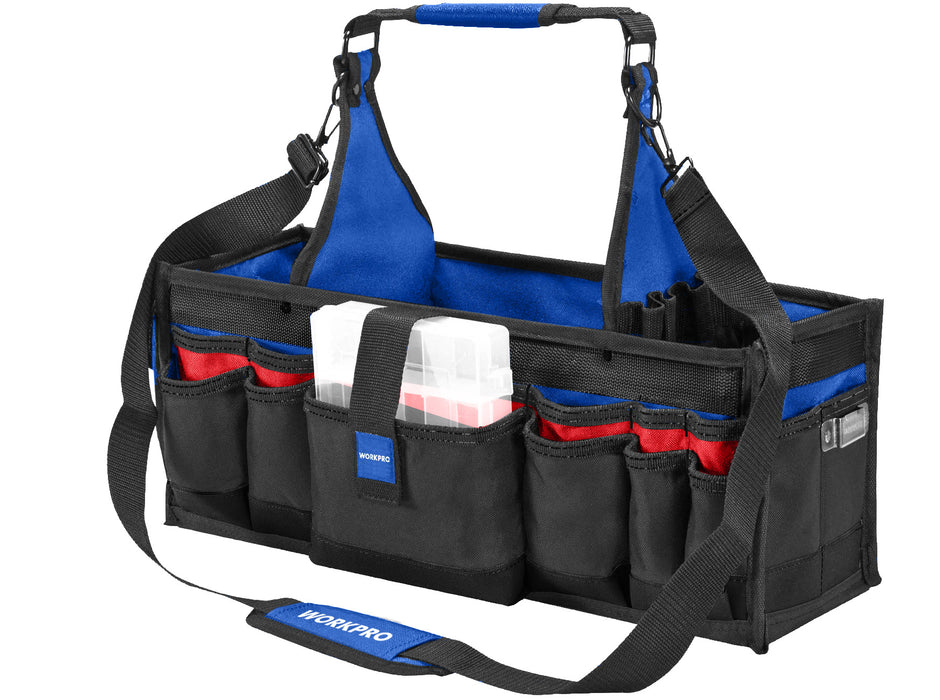 WORKPRO 390mm(15") foldable Center Tray Tool Bag with shoulder strap for tool storage