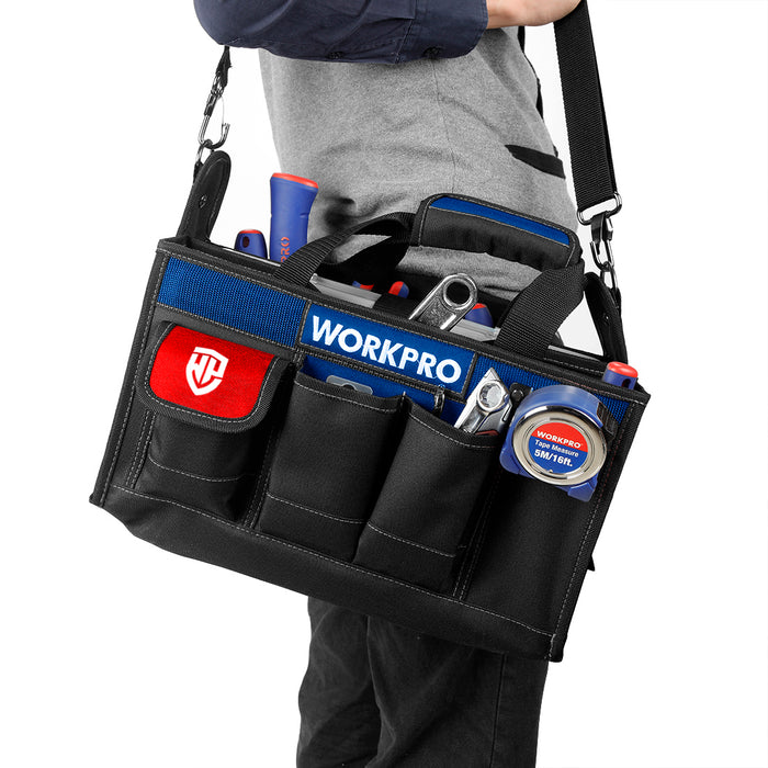 WORKPRO 390mm(15") foldable Center Tray Tool Bag with shoulder strap for tool storage