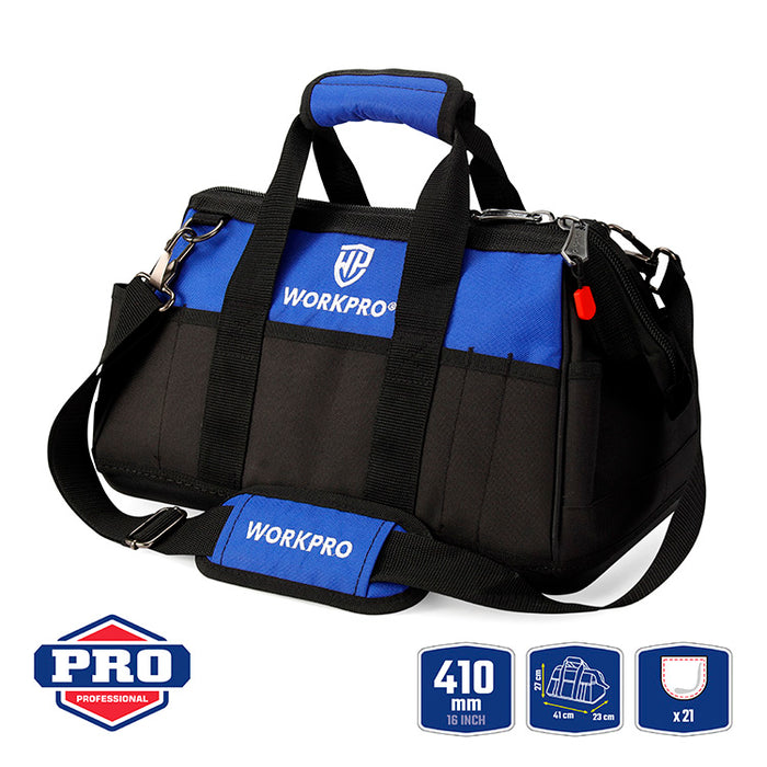 Workpro Tool Bag Close Top Wide Mouth Storage Bag Multi-pocket With Water Proof Molded Base &  Adjustable Shoulder Strap