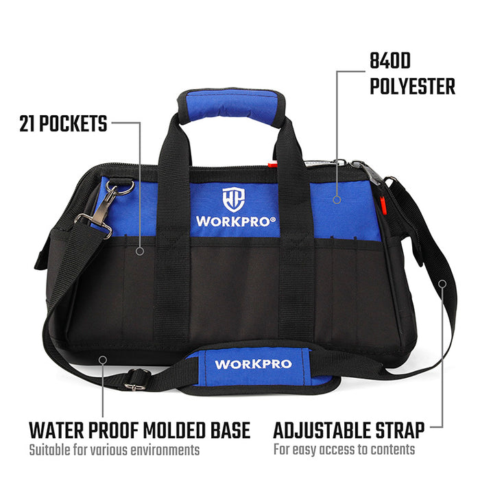 Workpro Tool Bag Close Top Wide Mouth Storage Bag Multi-pocket With Water Proof Molded Base &  Adjustable Shoulder Strap