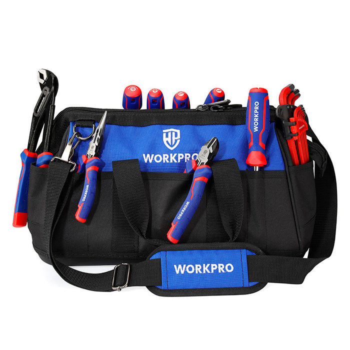 Workpro Tool Bag Close Top Wide Mouth Storage Bag Multi-pocket With Water Proof Molded Base &  Adjustable Shoulder Strap