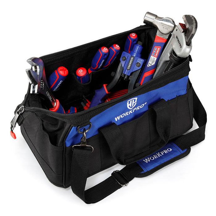 Workpro Tool Bag Close Top Wide Mouth Storage Bag Multi-pocket With Water Proof Molded Base &  Adjustable Shoulder Strap