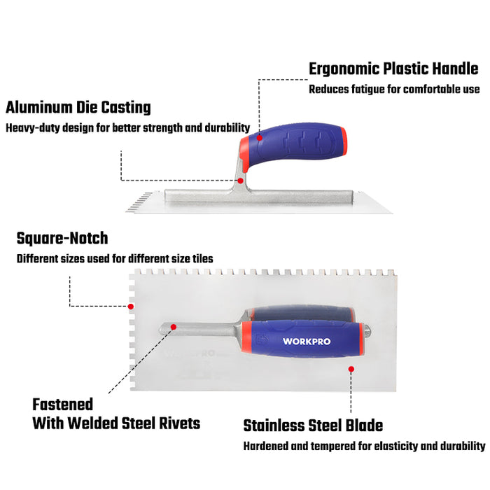 WORKPRO 280×130mm Stainless Steel  Stucco Trowel Soft Handle,  6*10mm carton of  36