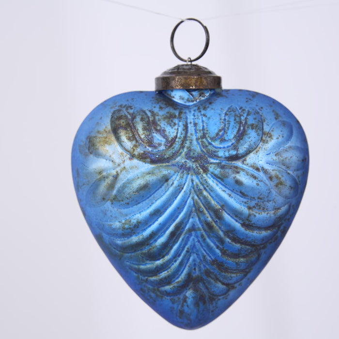 Pattern Heart Glass Decoration Blue