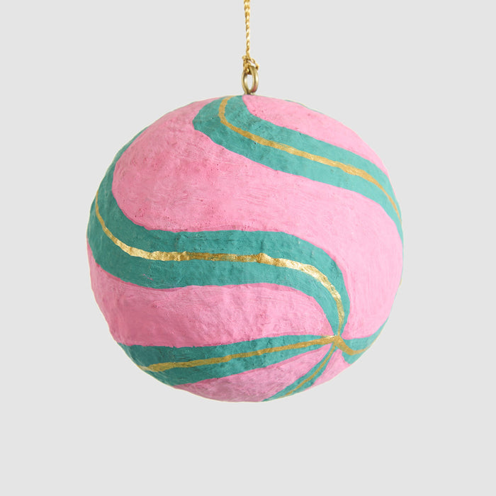 Mache Bauble Teal Swirl on Pink