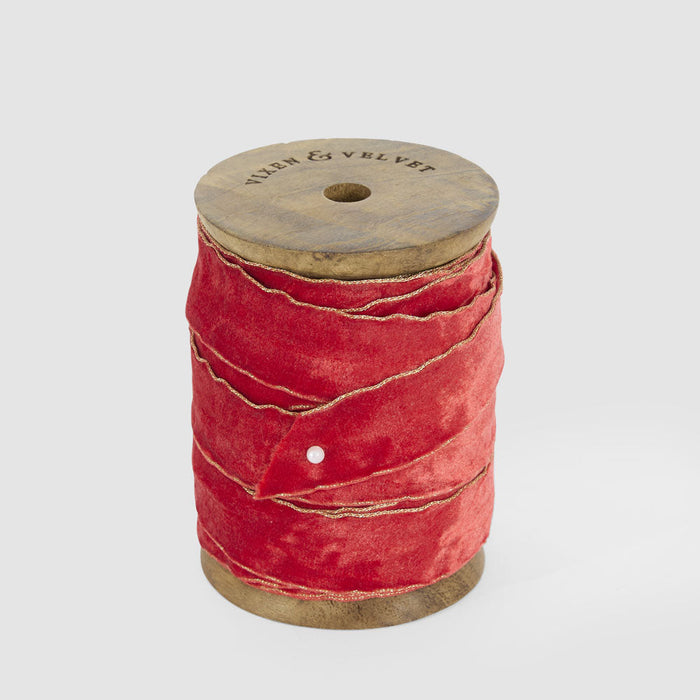 Velvet Ribbon Roll w. Gold Trim Red 20mm x 10m