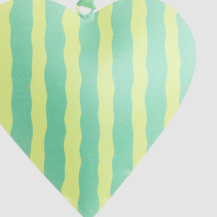 Joy Hand Painted Heart Tree Decoration Green Stripe 3 pcs