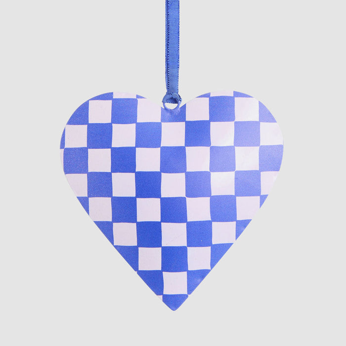 Joy Hand Painted Heart Tree Decoration Blue Check 6 pcs