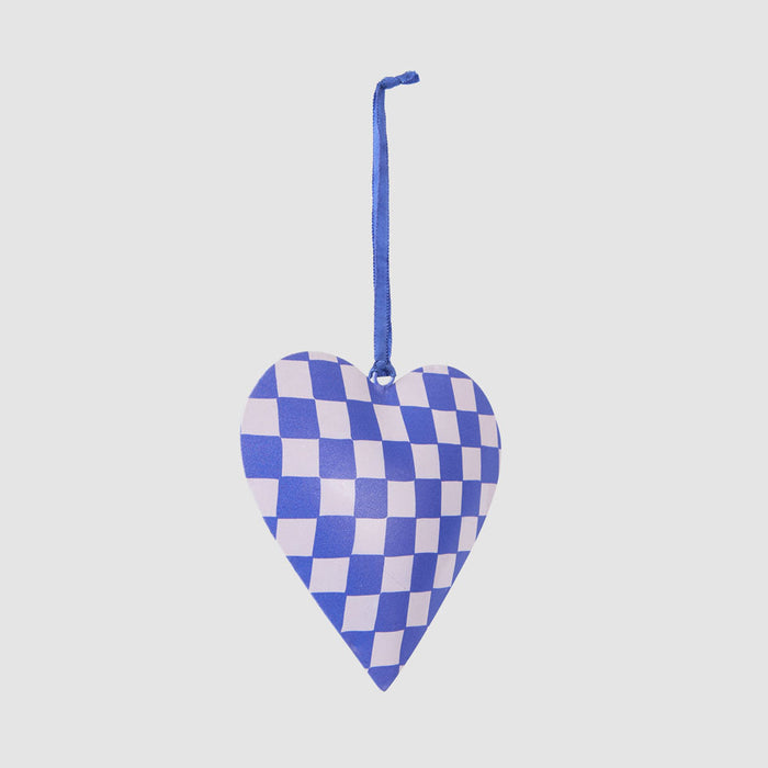 Joy Hand Painted Heart Tree Decoration Blue Check 6 pcs