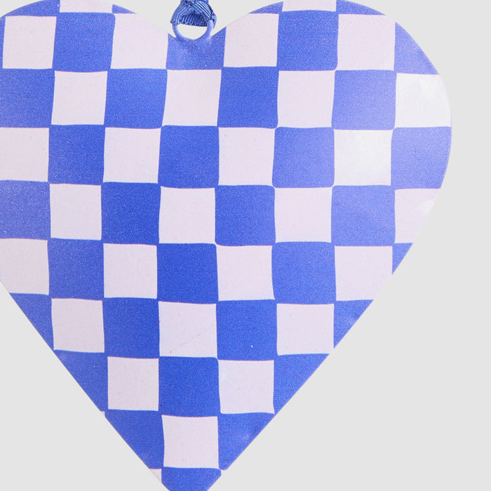 Joy Hand Painted Heart Tree Decoration Blue Check 6 pcs