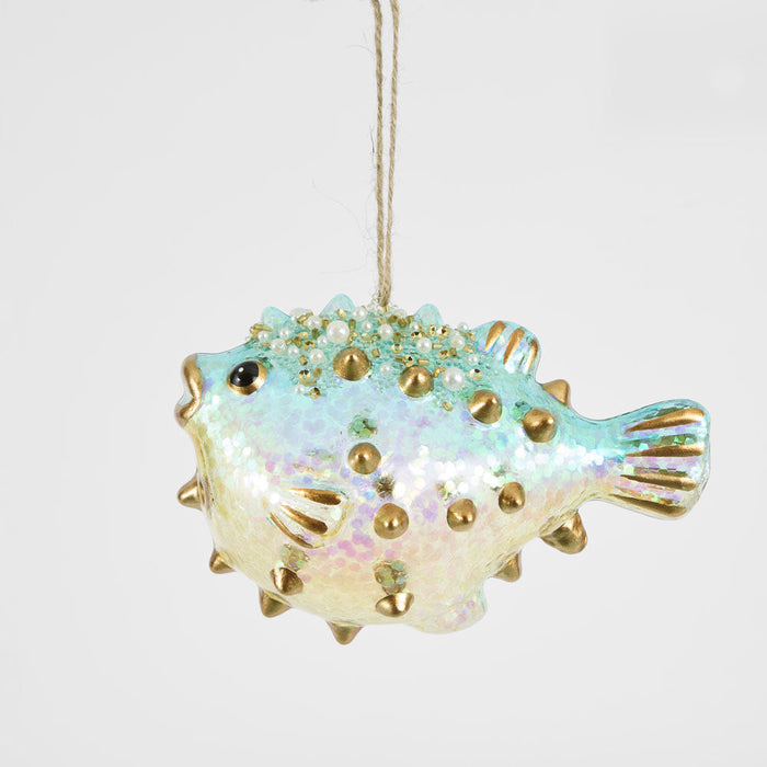 Glass Blown Puffer Fish Decoration Turquoise