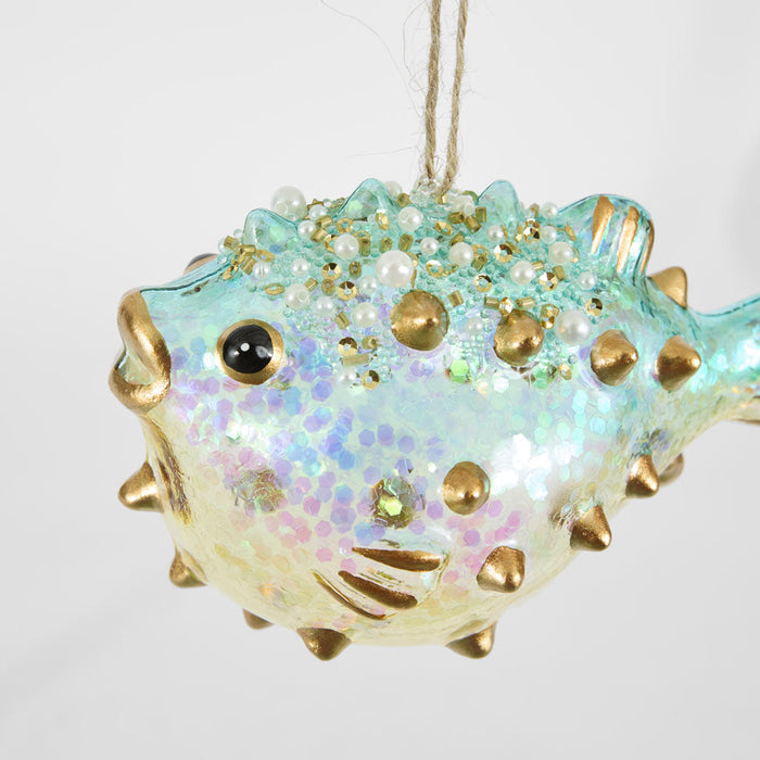 Glass Blown Puffer Fish Decoration Turquoise