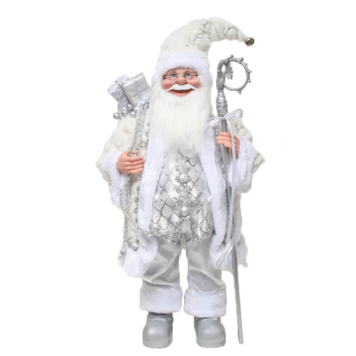 60cm Santa Claus in Silver Coat with Sceptre & Gift Sack | Elegant Christmas Decoration | Festive Holiday Figurine for Home Décor | Perfect for Tables, Mantels, & Displays