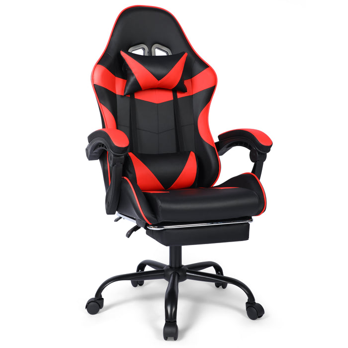 Ergonomic Gaming Chair with Footrest, Lumbar Support and Adjustable Headrest, High Back PU Leather Reclining Office Chair