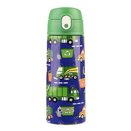 S/S D/WALL INS. KID'S DRINK BOTTLE W/ SIPPER STRAW 550ML GARBAGE TRUCKS