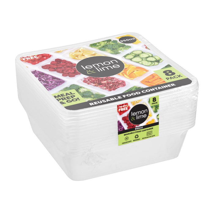 Lemon & Lime REUSABLE FOOD CONTAINER SQR 950ML 8PK