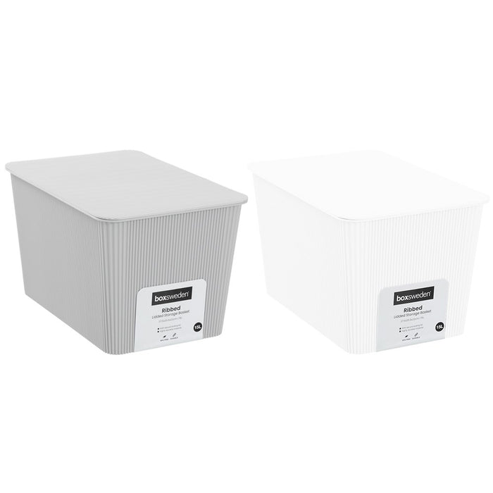 Boxsweden Ribbed Storage Basket Lidded 15L 37.5X25.5X22Cm