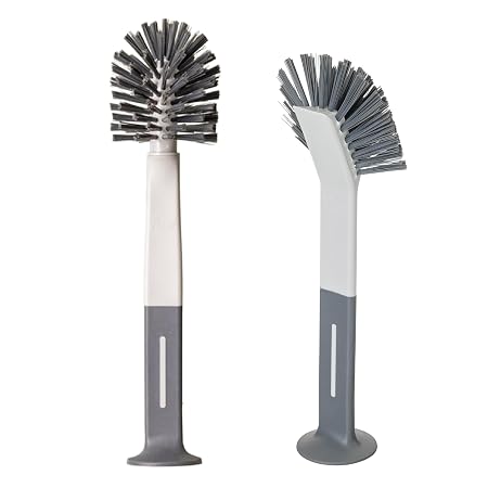 Standing Grey Bottle&Glass Brush And Oval Dish Brush With Suction 2 Pack