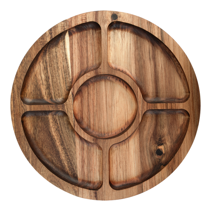 ACACIA WOOD 5 COMPARTMENT ROUND GRAZING PLATTER W/ LID