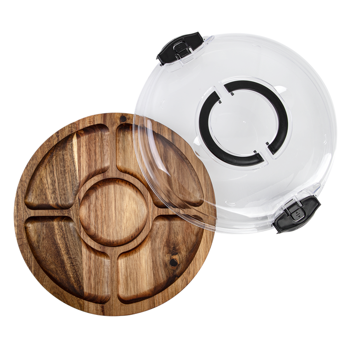 ACACIA WOOD 5 COMPARTMENT ROUND GRAZING PLATTER W/ LID
