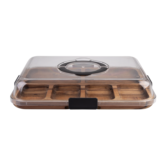 ACACIA WOOD 6 COMPARTMENT RECT. GRAZING PLATTER W/ LID