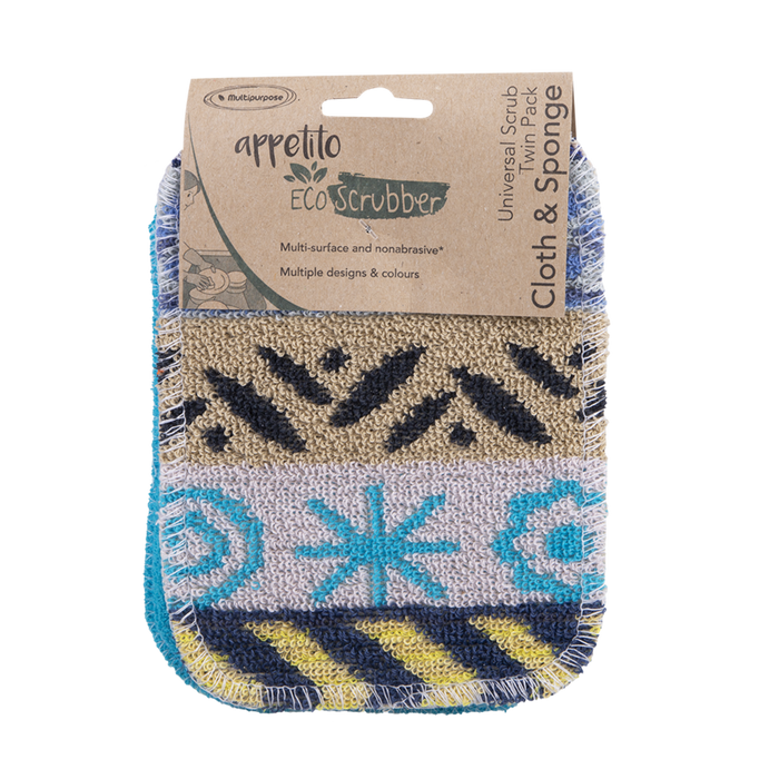 UNIVERSAL SCRUB TWIN PACK CLOTH & SPONGE 12 X 16.5CM 4 ASST. DESIGNS