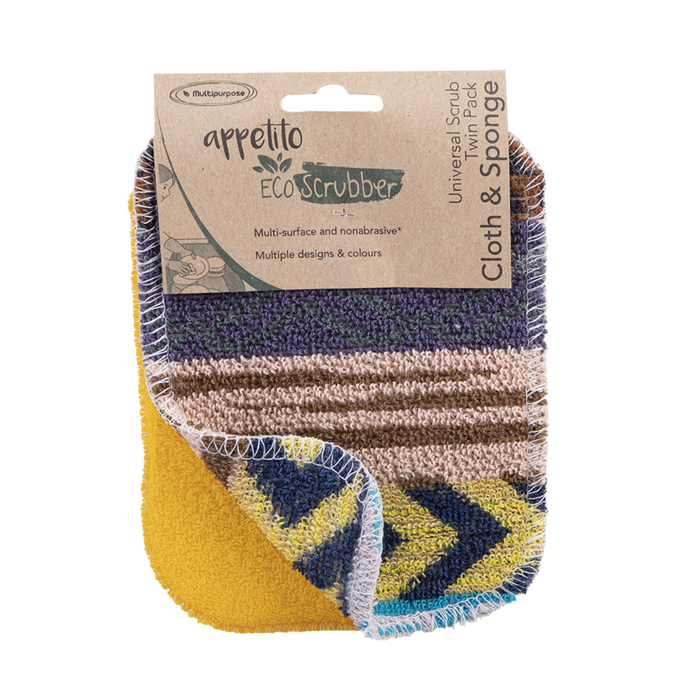 UNIVERSAL SCRUB TWIN PACK CLOTH & SPONGE 12 X 16.5CM 4 ASST. DESIGNS