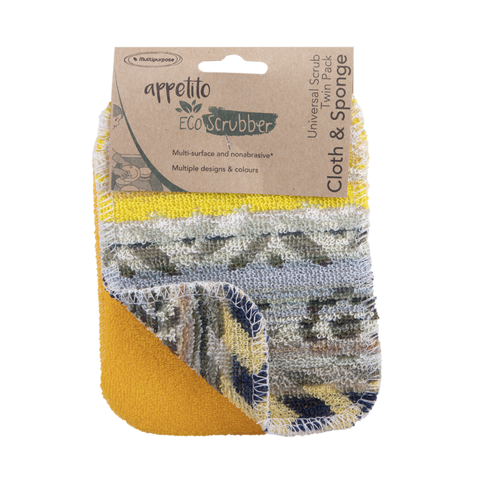 UNIVERSAL SCRUB TWIN PACK CLOTH & SPONGE 12 X 16.5CM 4 ASST. DESIGNS
