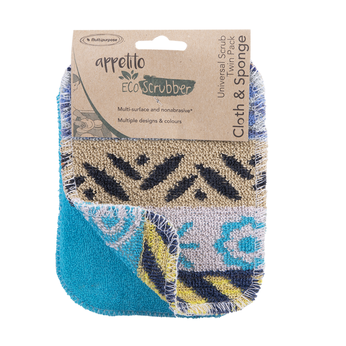 UNIVERSAL SCRUB TWIN PACK CLOTH & SPONGE 12 X 16.5CM 4 ASST. DESIGNS
