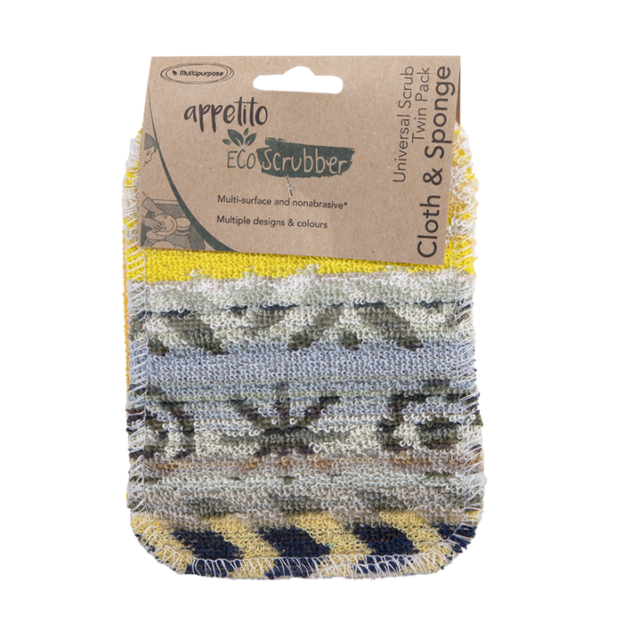 UNIVERSAL SCRUB TWIN PACK CLOTH & SPONGE 12 X 16.5CM 4 ASST. DESIGNS