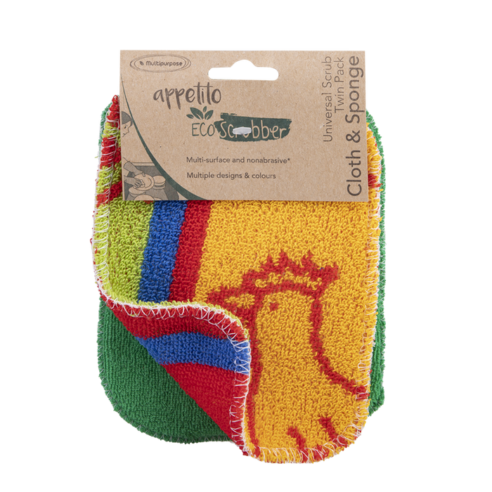 UNIVERSAL SCRUB TWIN PACK CLOTH & SPONGE 12 X 16.5CM 4 ASST. DESIGNS