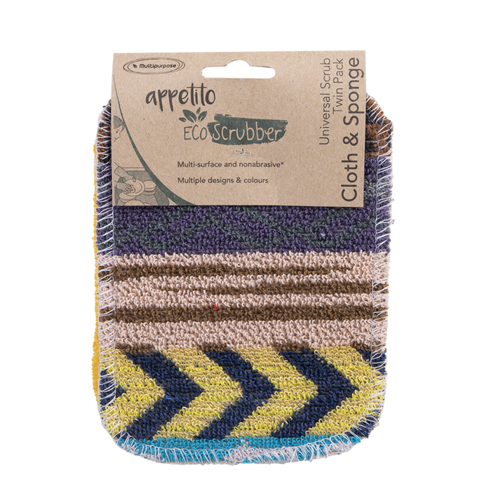 UNIVERSAL SCRUB TWIN PACK CLOTH & SPONGE 12 X 16.5CM 4 ASST. DESIGNS