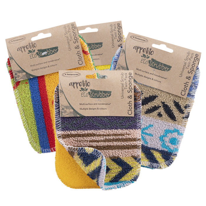 UNIVERSAL SCRUB TWIN PACK CLOTH & SPONGE 12 X 16.5CM 4 ASST. DESIGNS