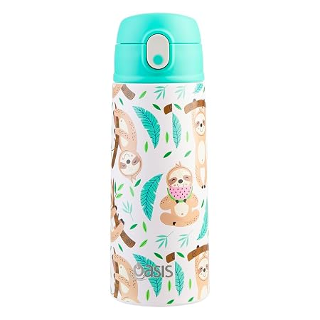 S/S D/WALL INS. KID'S DRINK BOTTLE W/ SIPPER STRAW 550ML SLEEPY SLOTHS