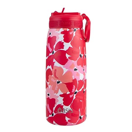 S/S D/WALL INS. SPORTS BOTTLE W/SIPPER STRAW 780ML RED POPPIES