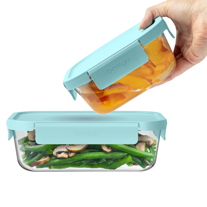 8 PIECE RECTANGLE GLASS FOOD STORAGE SET SOFT AQUA