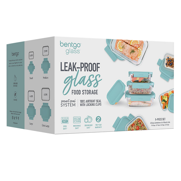 8 PIECE RECTANGLE GLASS FOOD STORAGE SET SOFT AQUA