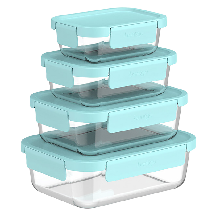 8 PIECE RECTANGLE GLASS FOOD STORAGE SET SOFT AQUA