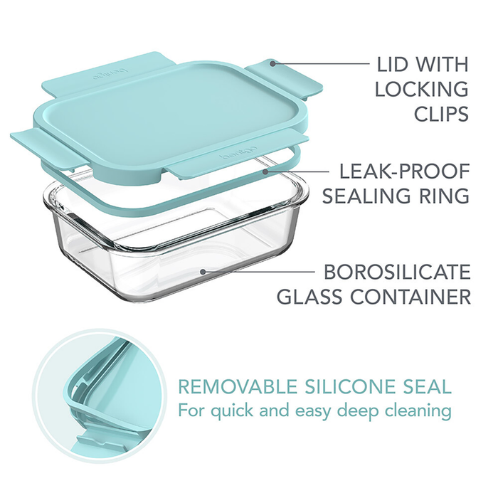 8 PIECE RECTANGLE GLASS FOOD STORAGE SET SOFT AQUA