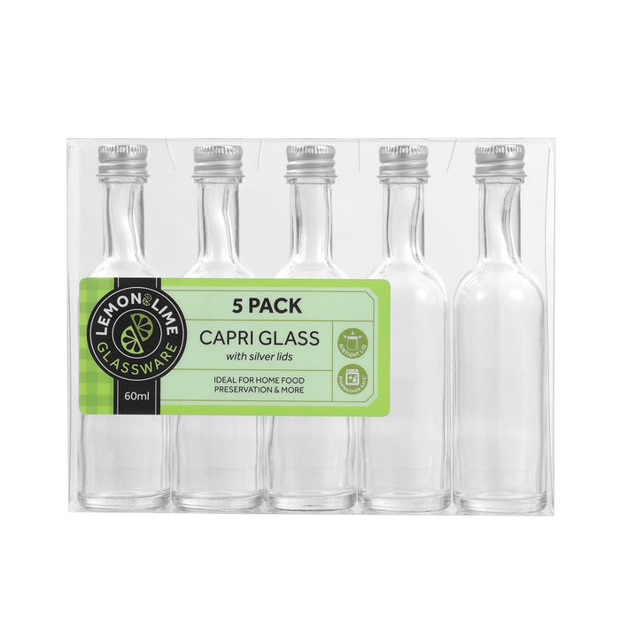 Lemon & Lime CAPRI GLASS MINI BOTTLE 60ML LONG NECK 5PK SILVER LID