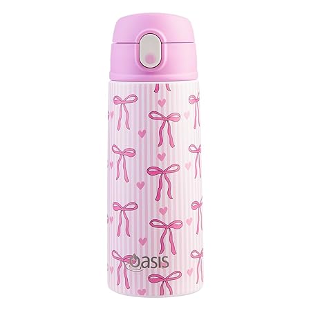 S/S D/WALL INS. KID'S DRINK BOTTLE W/ SIPPER STRAW 550ML BOWS & HEARTS