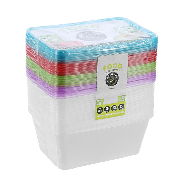 Lemon & Lime REUSABLE FOOD CONTAINER COLOURED LIDS 1L 20PK