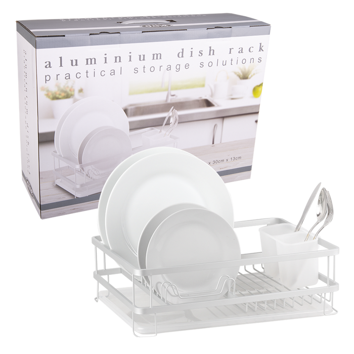 ALUM. DISH RACK W/DRAINING BOARD 42 X 30 X 13CM WHITE