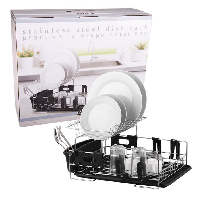 S/S 2-TIER DISH RACK W/DRAINING BOARD 42.5 X 34 X 26.5CM