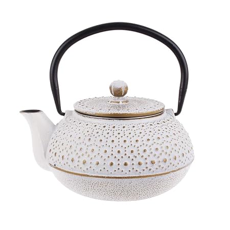 CAST IRON TEAPOT 600ML - BEADED WHITE/GOLD