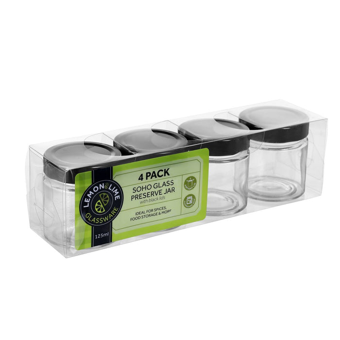 Lemon & Lime SOHO GLASS PRESERVE JAR 125ML 4PK WITH BLACK LID