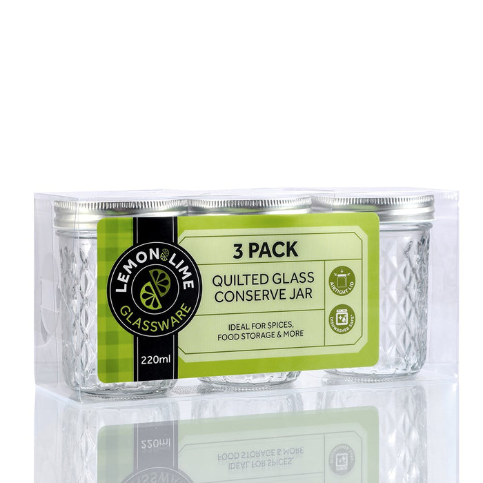 Lemon & Lime QUILTED GLASS CONSERVE JAR 3PK 220ML 7X7X10CM