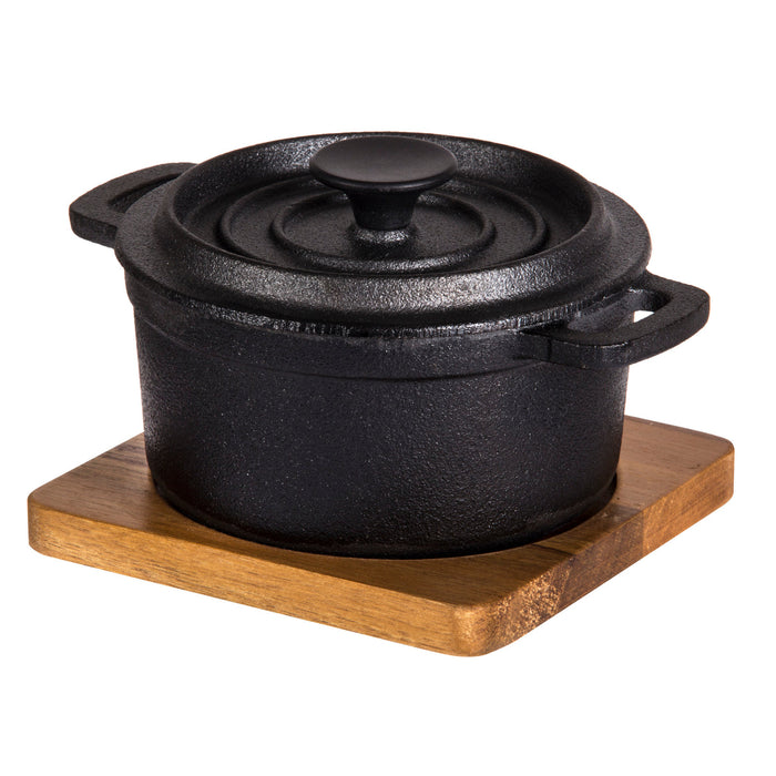 Davis & Waddell Fine Foods Cast Iron Pot with Lid & Acacia Trivet Black & Natural