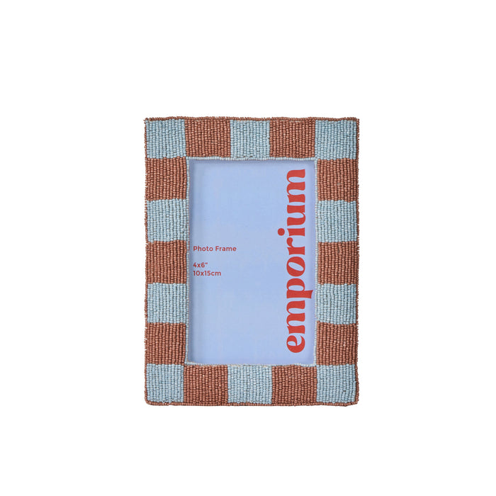 Emporium Ruby Beaded Check Photo Frame Blue & Brown